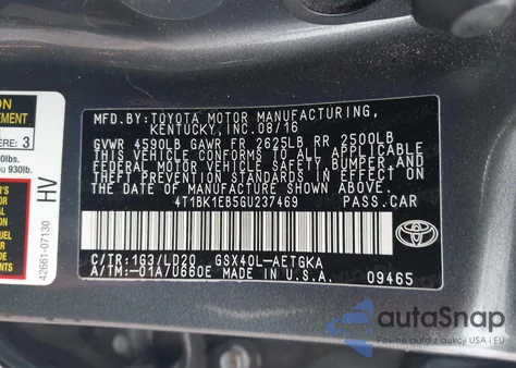 2016 Toyota Avalon Xle z USA, uszkodzony, nr VIN 4T1BK1EB5GU237469